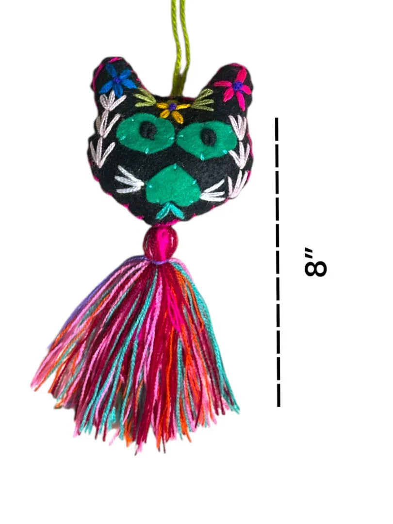Handcrafted Kitty Embroidered Charm with Tassel - Mexican Folk Art Bag Charm & Keychain Ornament - Ysleta Mission Gift Shop