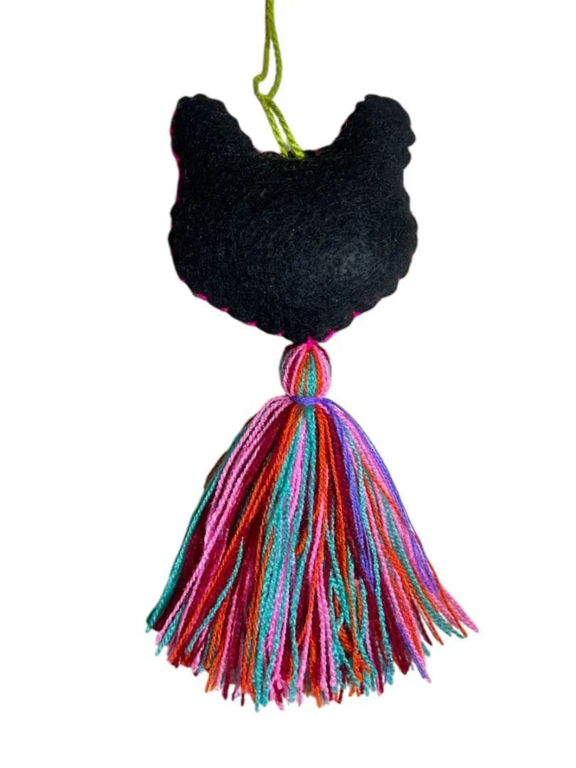 Handcrafted Kitty Embroidered Charm with Tassel - Mexican Folk Art Bag Charm & Keychain Ornament - Ysleta Mission Gift Shop