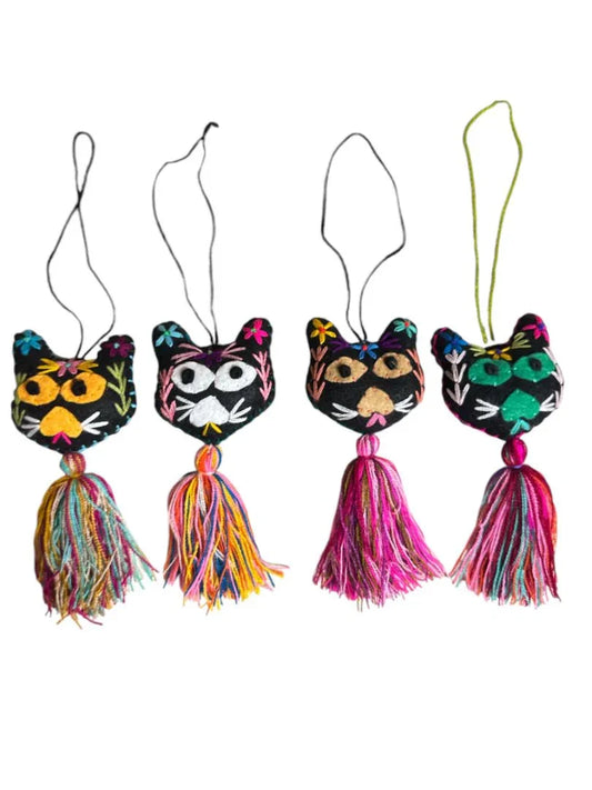 Handcrafted Kitty Embroidered Charm with Tassel - Mexican Folk Art Bag Charm & Keychain Ornament - Ysleta Mission Gift Shop