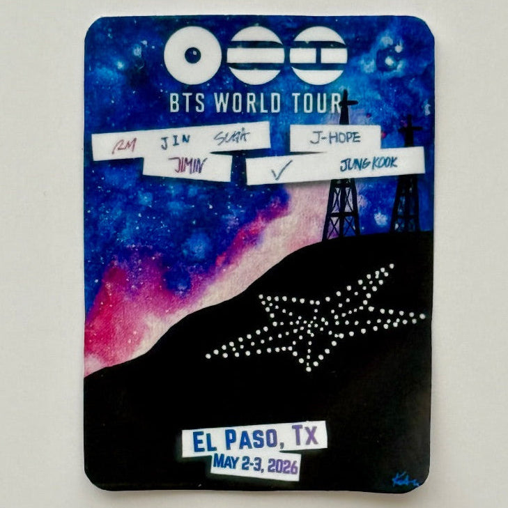 BTS Galaxy El Paso Arirang Tour 2x3 inch sticker featuring vibrant design, part of Krystal Molina's El Paso souvenirs collection.