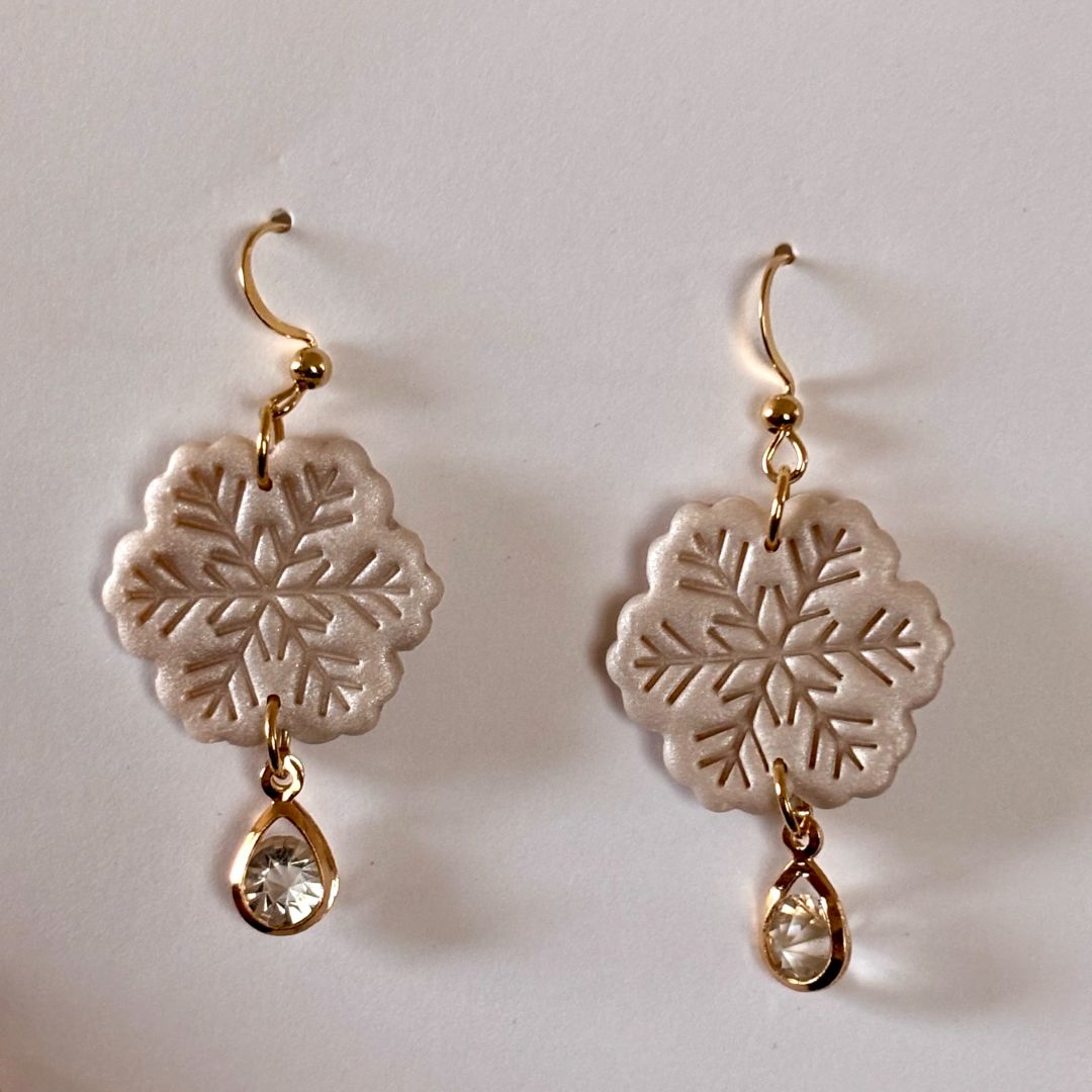 Handcrafted Polymer Clay Snowflake Dangle Earrings with 18k gold plated stainless steel hooks, teardrop gemstone pendant, L 1.75 in x W 1 in