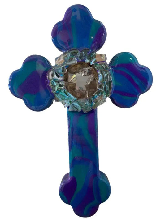 Turquoise Blue Resin Cross – Center Inlaid with Glass - Ysleta Mission Gift Shop