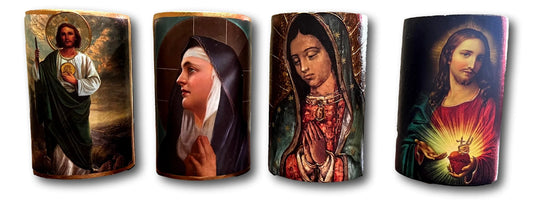 Handmade Mexican Clay Candle Holders – Saint Jude, Sorrowful Mary, Virgen de Guadalupe & Sacred Heart - Ysleta Mission Gift Shop