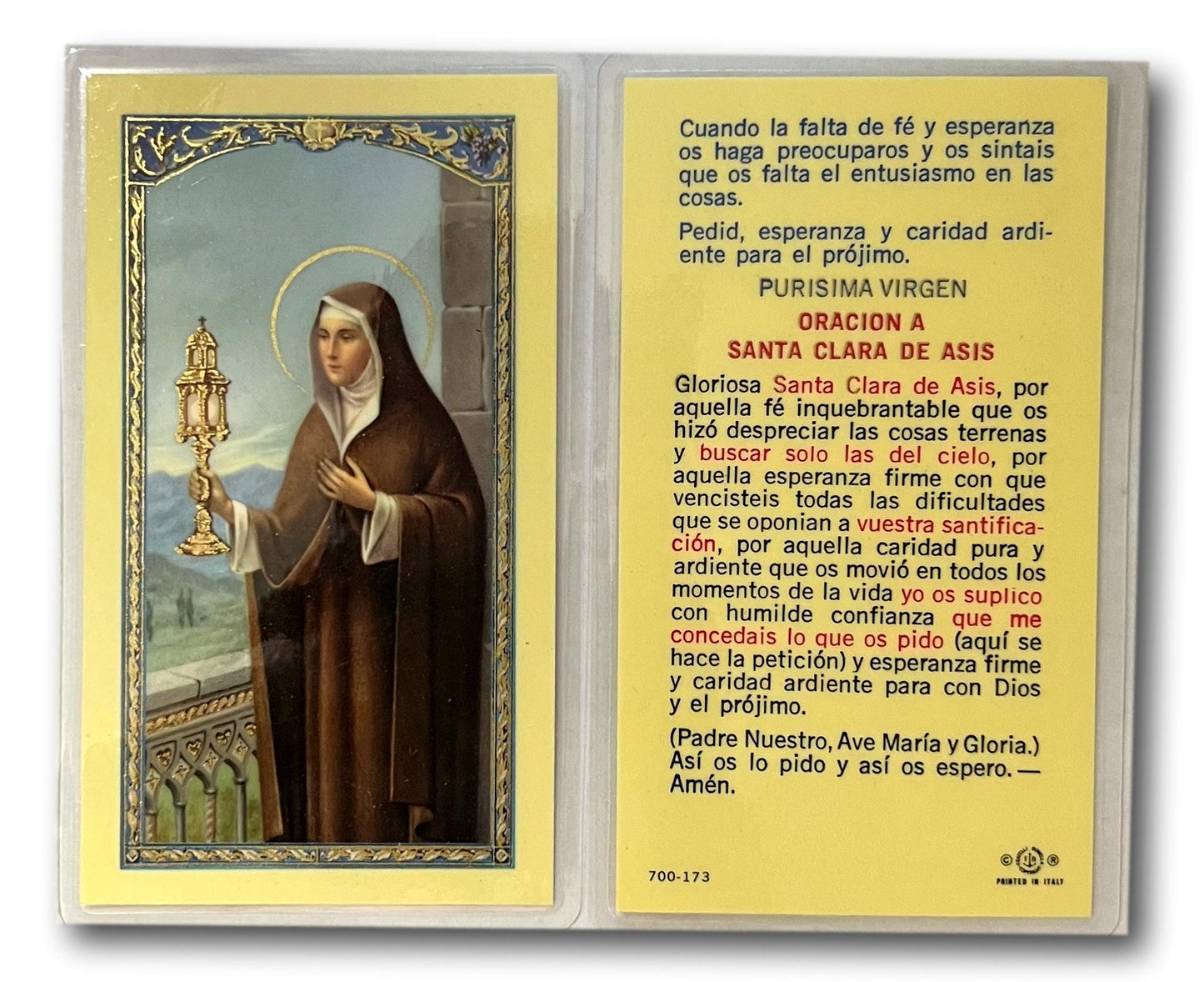 Oración a Santa Clara de Asís – Light of Faith Laminated Prayer Card | Spiritual Strength Devotion