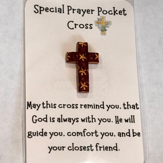 Handmade polymer clay floral cross pocket hug gift in forest green, maroon, and plum purple, measuring 3x2 inches.