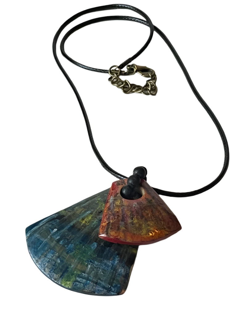 Bold & Elegant Handmade Necklace – Dual Triangle Wood Pendants with Bead Accent