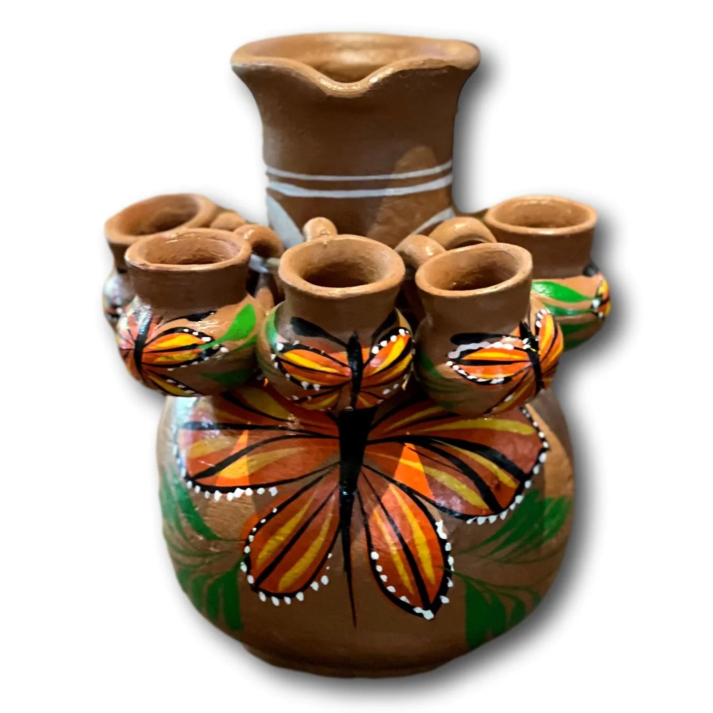 Handcrafted Natural Pitcher with Matching Mini Cups Decorated with Monarc Butterflies - Ysleta Mission Gift Shop