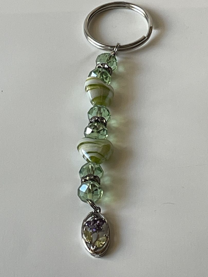 Green Glass Heart Beaded Keychain with Silver Charm – 4"