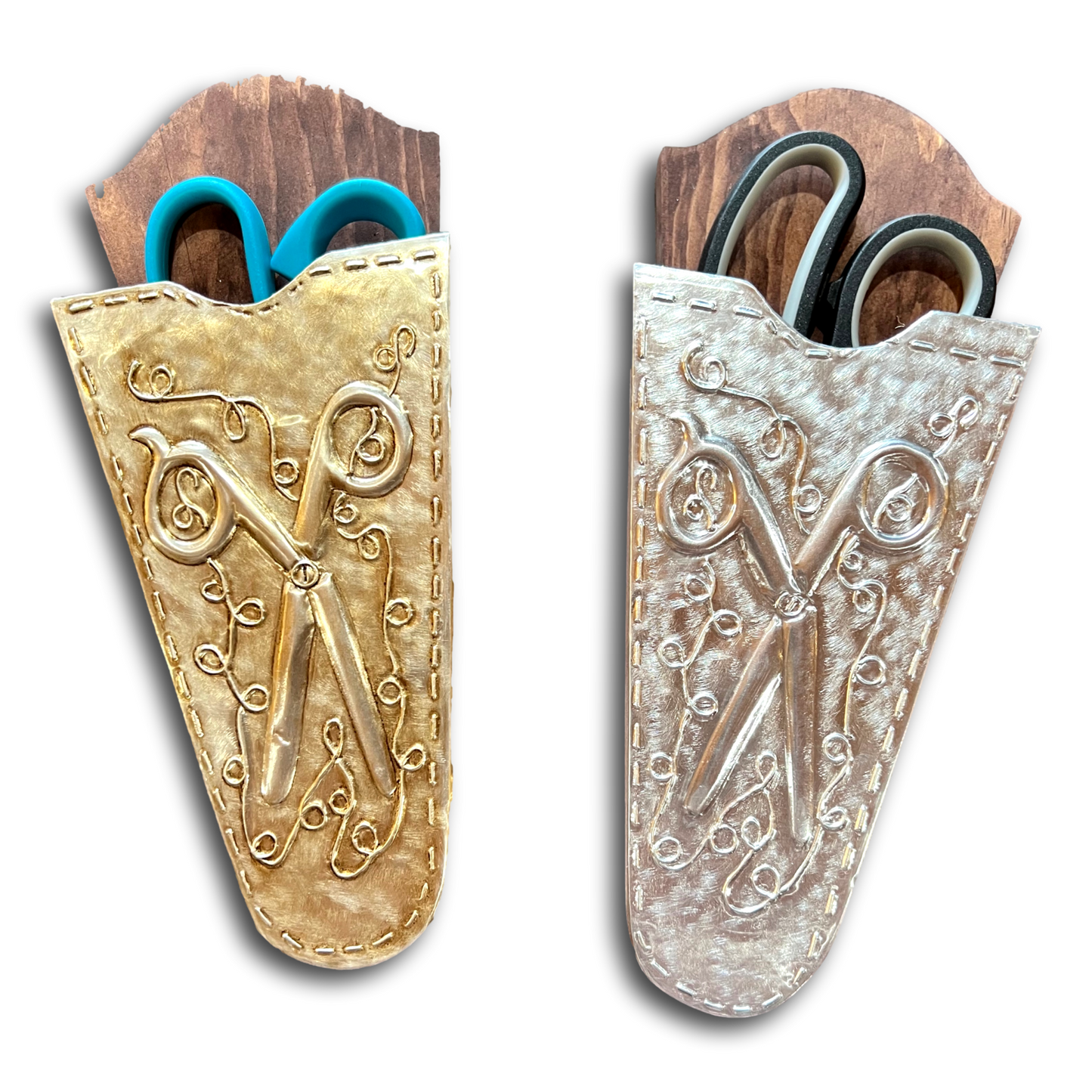 Wood Back Hanging Hand-Embossed Scissor Case Holder – Artisan Metalwork Decor