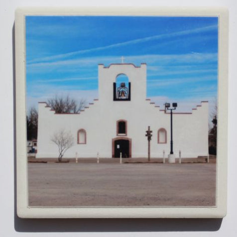 Ceramic Socorro Mission coaster with cork backing, 4x4 inches, designed for home and garden decor, by Ysleta Mission Gift Shop.
