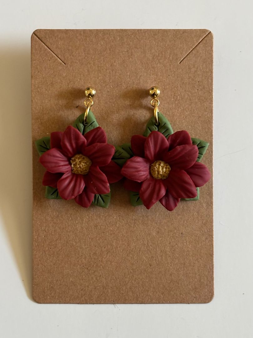 Poinsettia Dangle Earrings – Red & White Polymer Clay with Gold-Plated Studs - Ysleta Mission Gift Shop