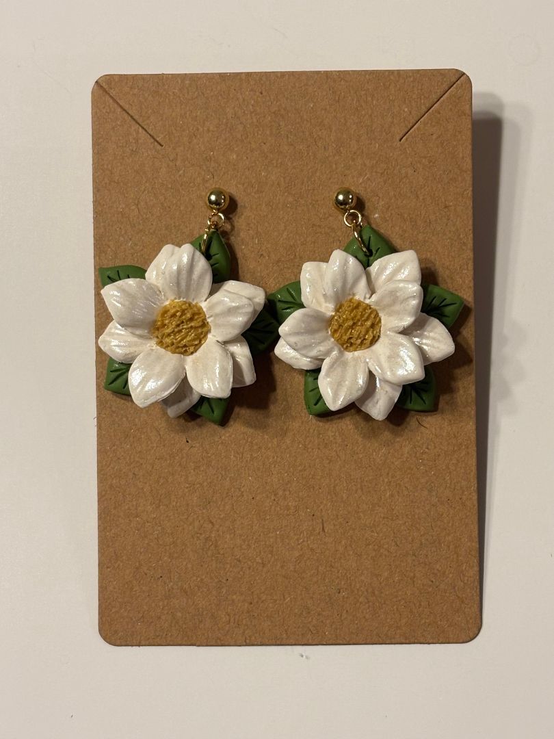Poinsettia Dangle Earrings – Red & White Polymer Clay with Gold-Plated Studs
