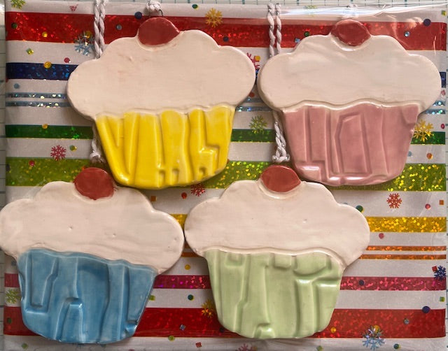 Handmade Ceramic Cupcake Ornaments – Set of Four, Ideal for Bakers