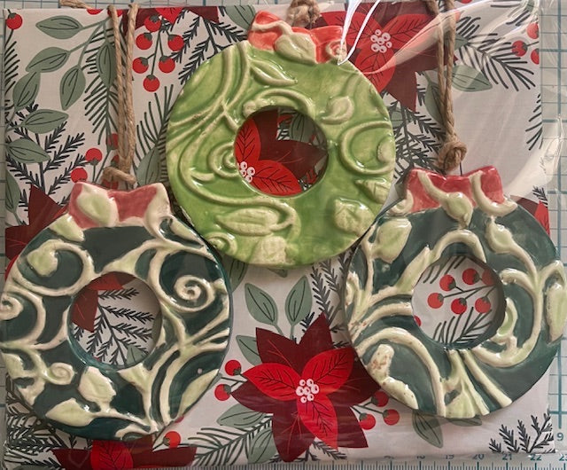 Handmade Ceramic Wreath Ornaments – Set of Three, 3" Diameter, Textured Patterns
