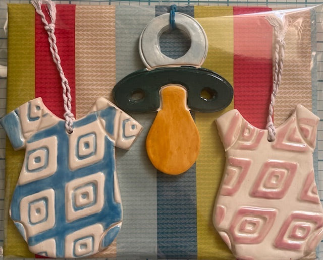 Handmade Ceramic Baby Onesie and Pacifier Ornaments – Set of Three, 3" x 3.5"