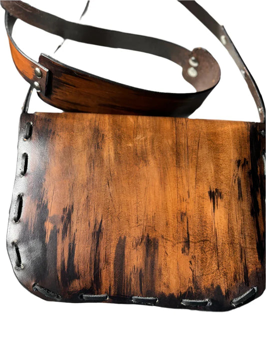 Brown and Black Veg Tan Leather Crossbody Bag with Celtic Concho – Rustic Handmade Leather Purse - Ysleta Mission Gift Shop