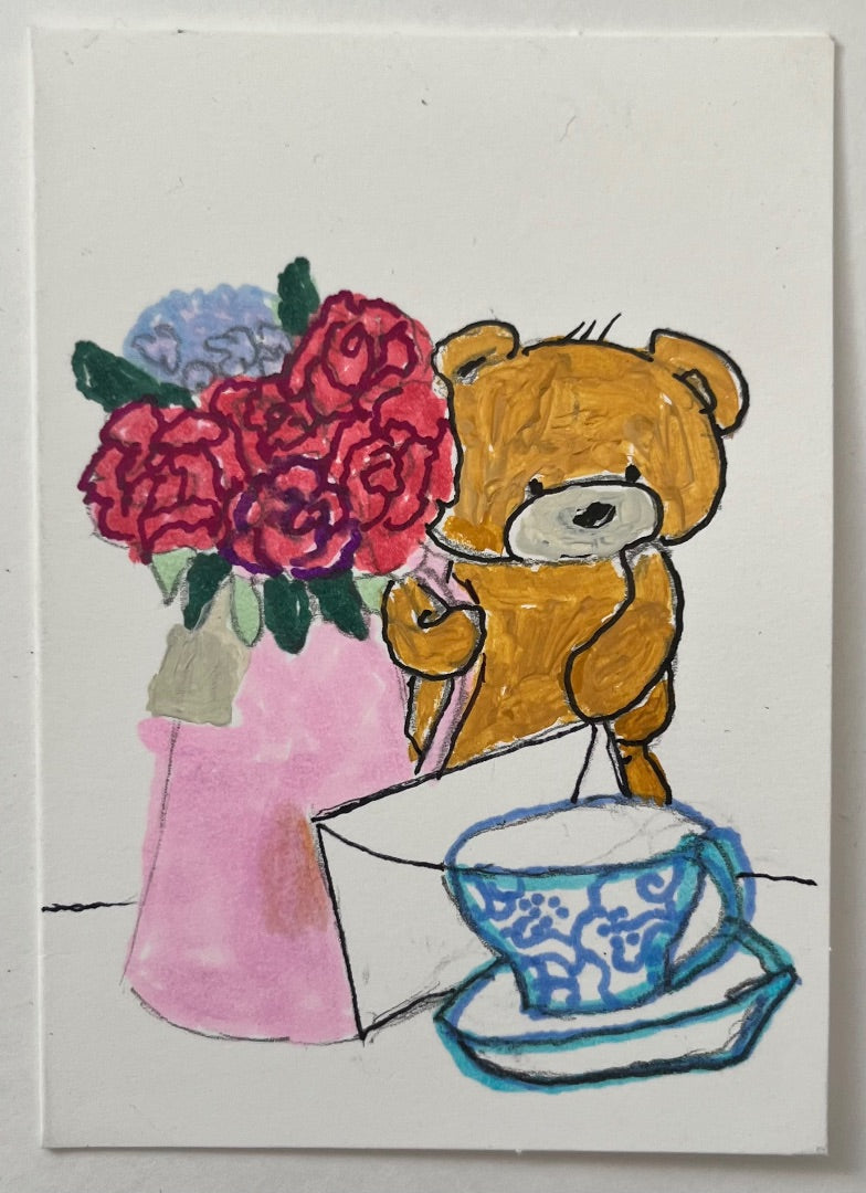 Teddy with Tea Cup – Whimsical Floral Blank Note Card