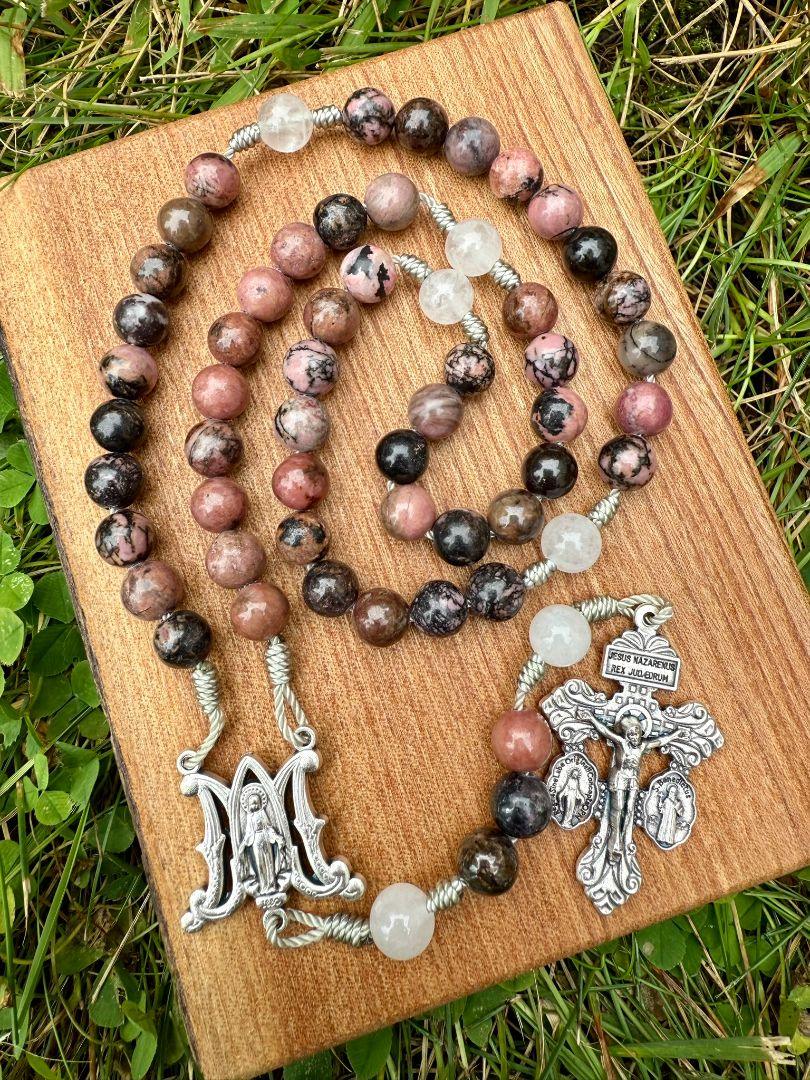 Rhodonite Catholic Rosary with Auspice Maria Centerpiece and Pardon Crucifix - Ysleta Mission Gift Shop