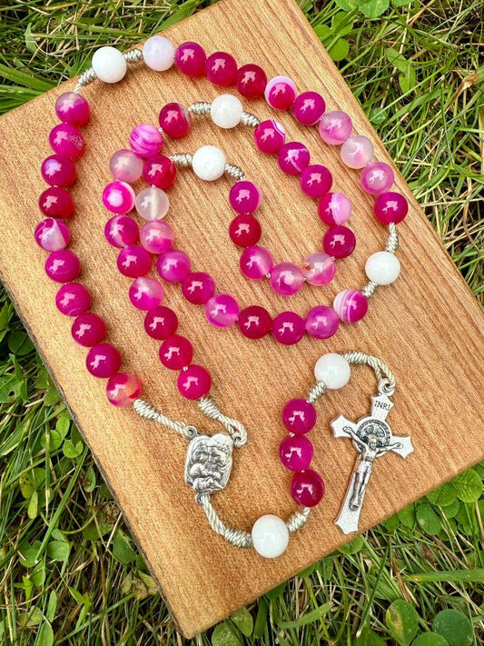 Pink Striped Agate Catholic Rosary – Holy Family Centerpiece & Saint Benedict Cross Prayer Beads - Ysleta Mission Gift Shop