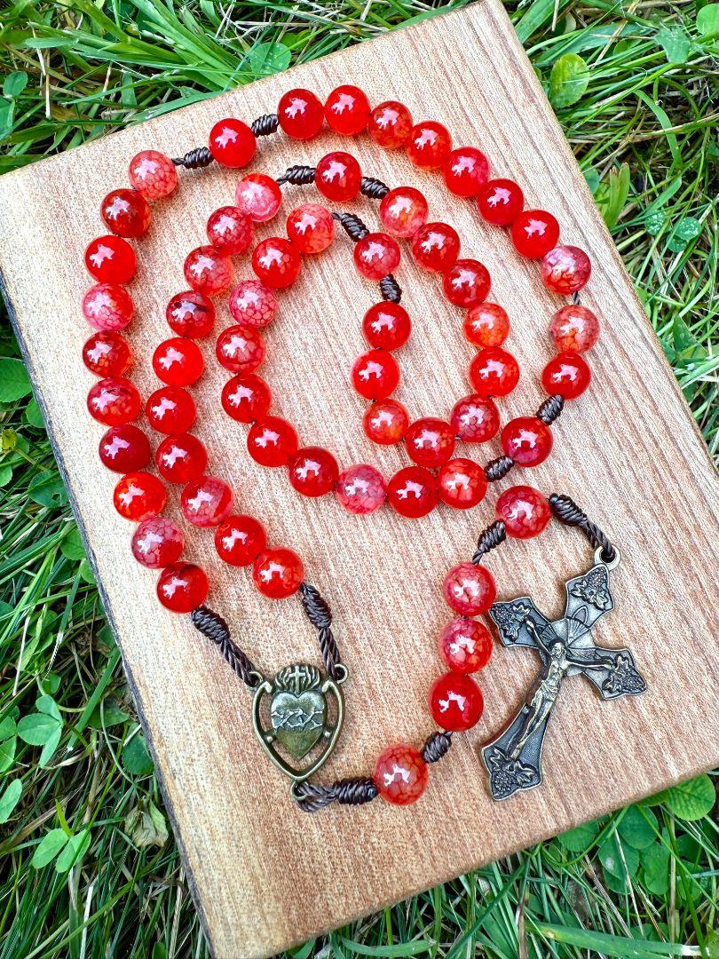 Red Agate Catholic Rosary – Sacred Heart Centerpiece & Ornate Crucifix Prayer Beads - Ysleta Mission Gift Shop
