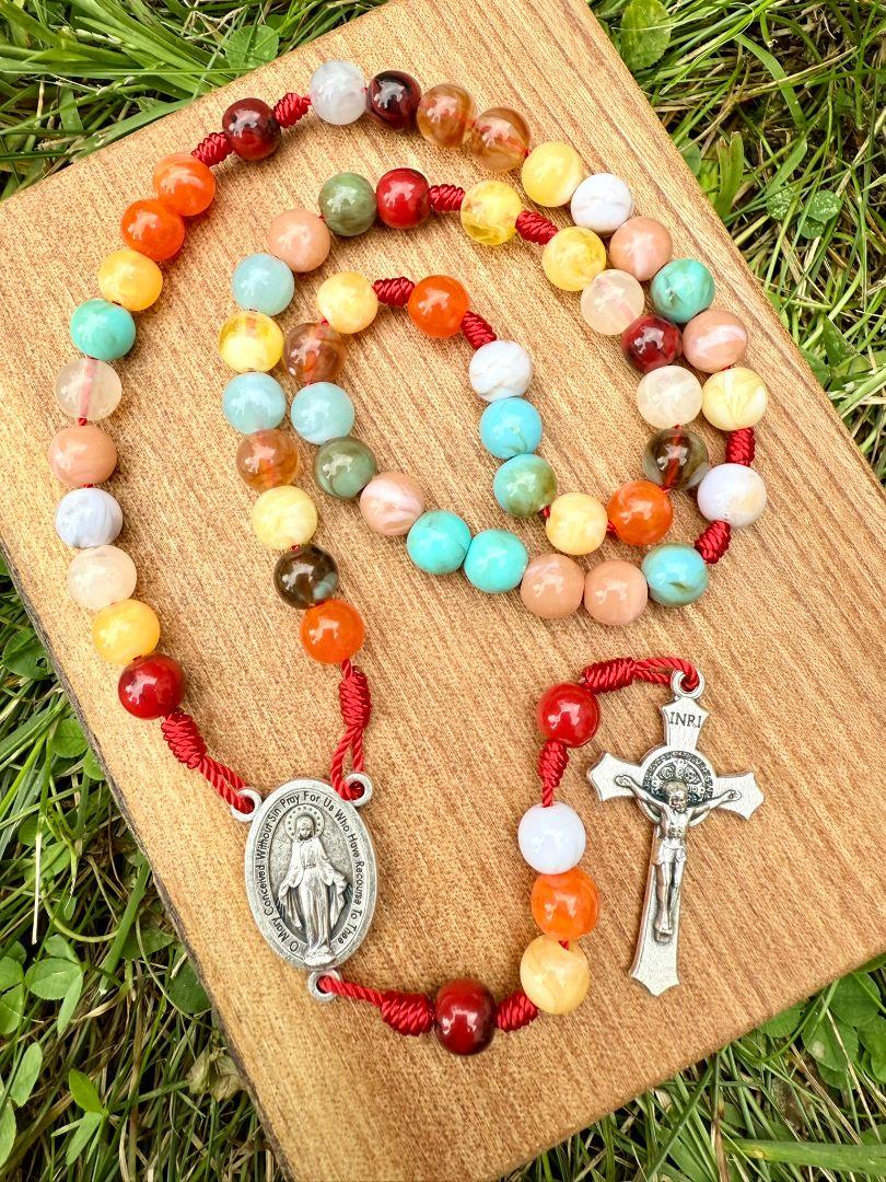 Catholic Colorful Acrylic Kid’s Rosary – Miraculous Medal Centerpiece & Saint Benedict Crucifix - Ysleta Mission Gift Shop