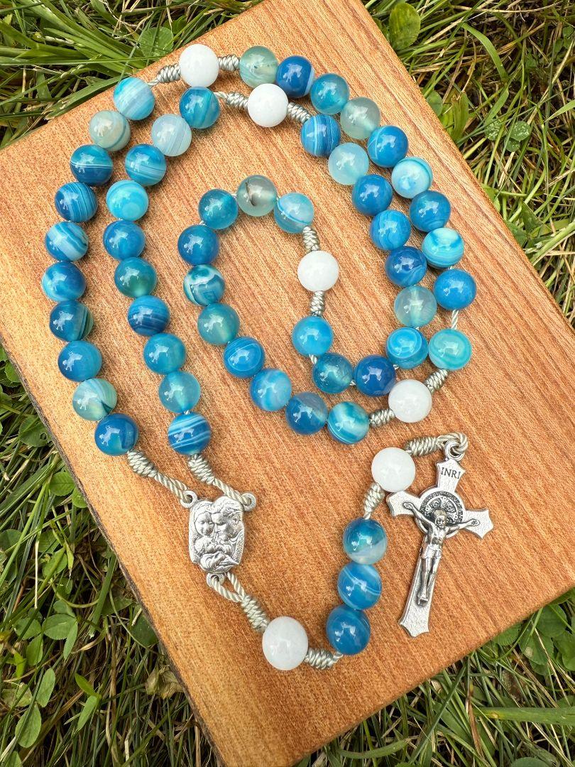 Blue Striped Agate Catholic Rosary – Holy Family Centerpiece & Saint Benedict Cross - Ysleta Mission Gift Shop