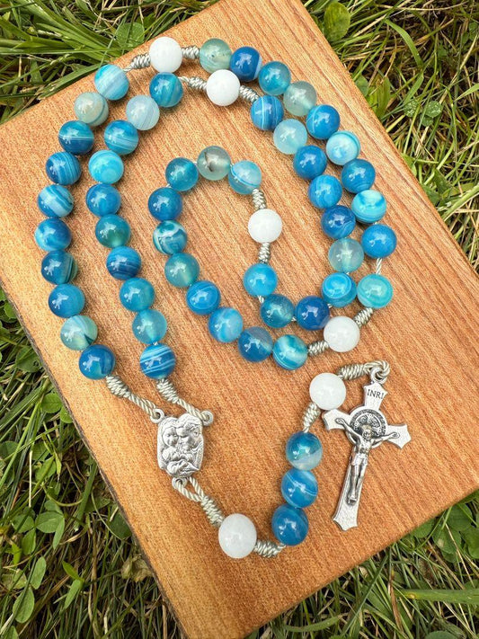 Blue Striped Agate Catholic Rosary – Holy Family Centerpiece & Saint Benedict Cross - Ysleta Mission Gift Shop