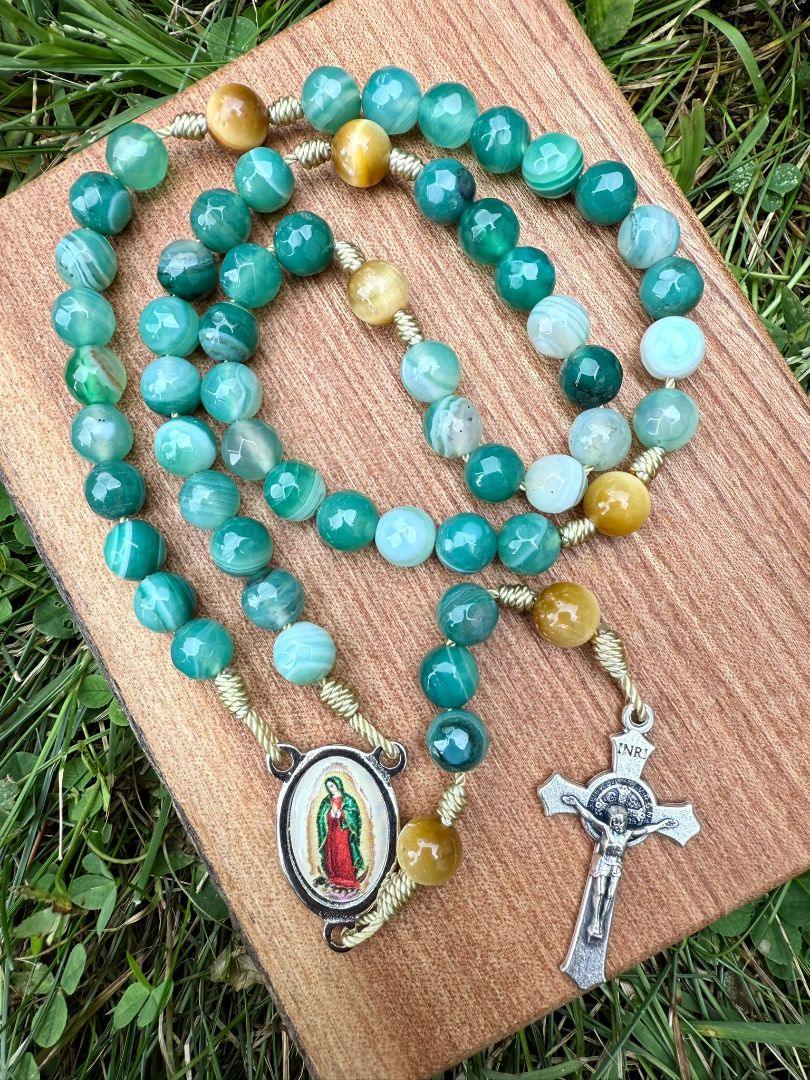 Agate Catholic Rosary Beads – Our Lady of Guadalupe Centerpiece & Saint Benedict Crucifix - Ysleta Mission Gift Shop