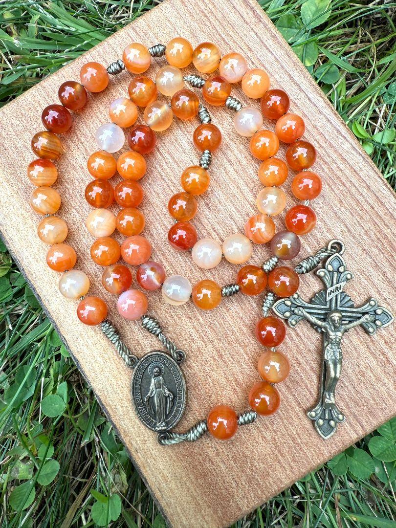 Carnelian Catholic Rosary – Miraculous Medal Centerpiece & Ornate Crucifix - Ysleta Mission Gift Shop