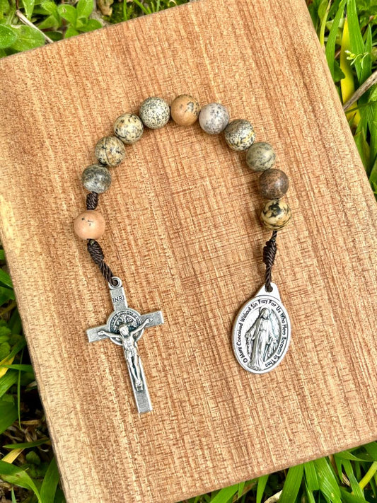 Pocket Rosary One Decade Catholic Stone Beads Brown Dendritic Jasper Miraculous Medal Saint Benedict Crucifix