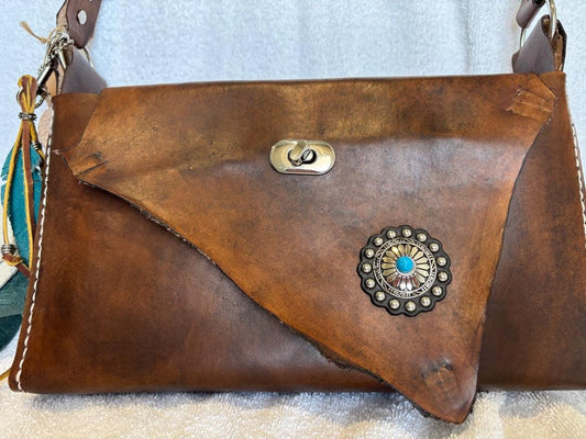 Handcrafted Brown Leather Crossbody Purse – Southwest Style with Turquoise Concho Accent - Ysleta Mission Gift Shop