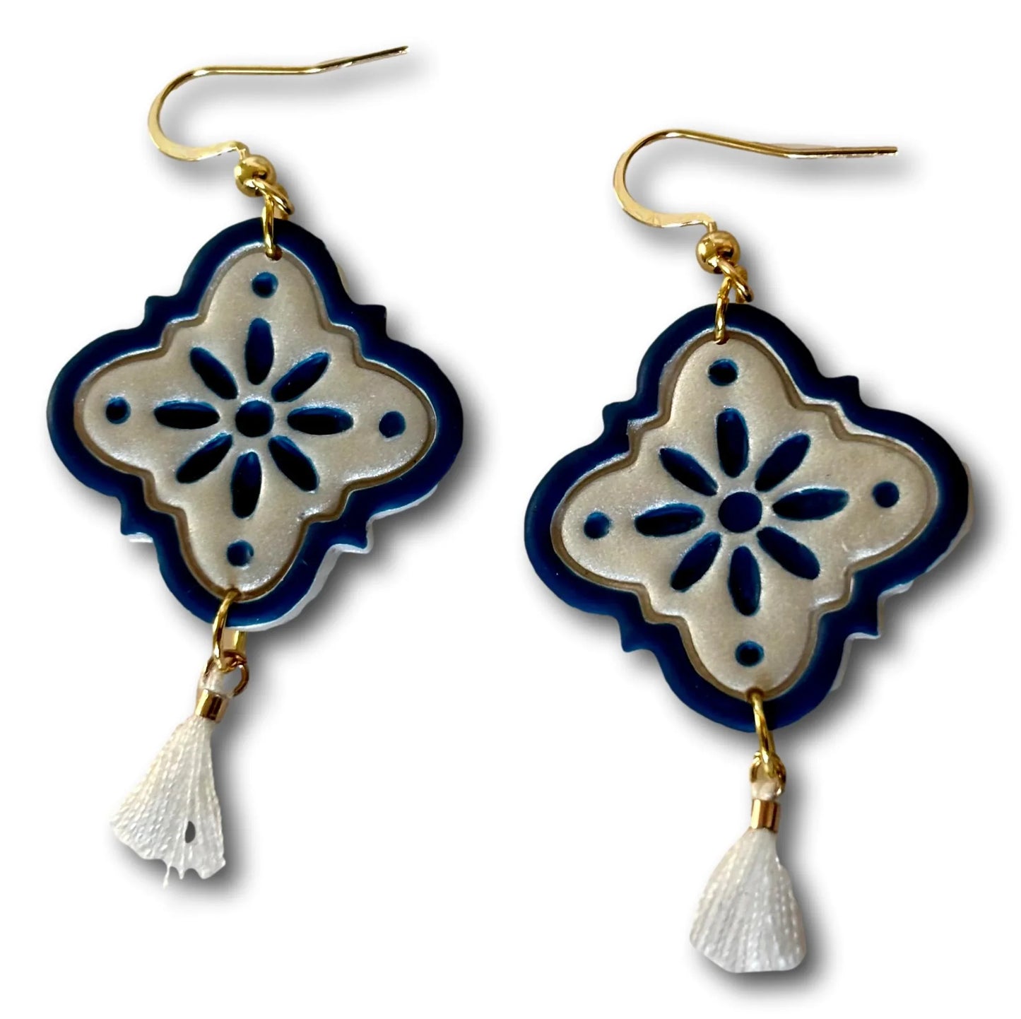 Talavera Style Polymer Clay Dangle Earrings with Tassels – 2"x1" with 18k Gold or Silver Hooks - Ysleta Mission Gift Shop