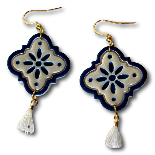 Talavera Style Polymer Clay Dangle Earrings with Tassels – 2"x1" with 18k Gold or Silver Hooks - Ysleta Mission Gift Shop