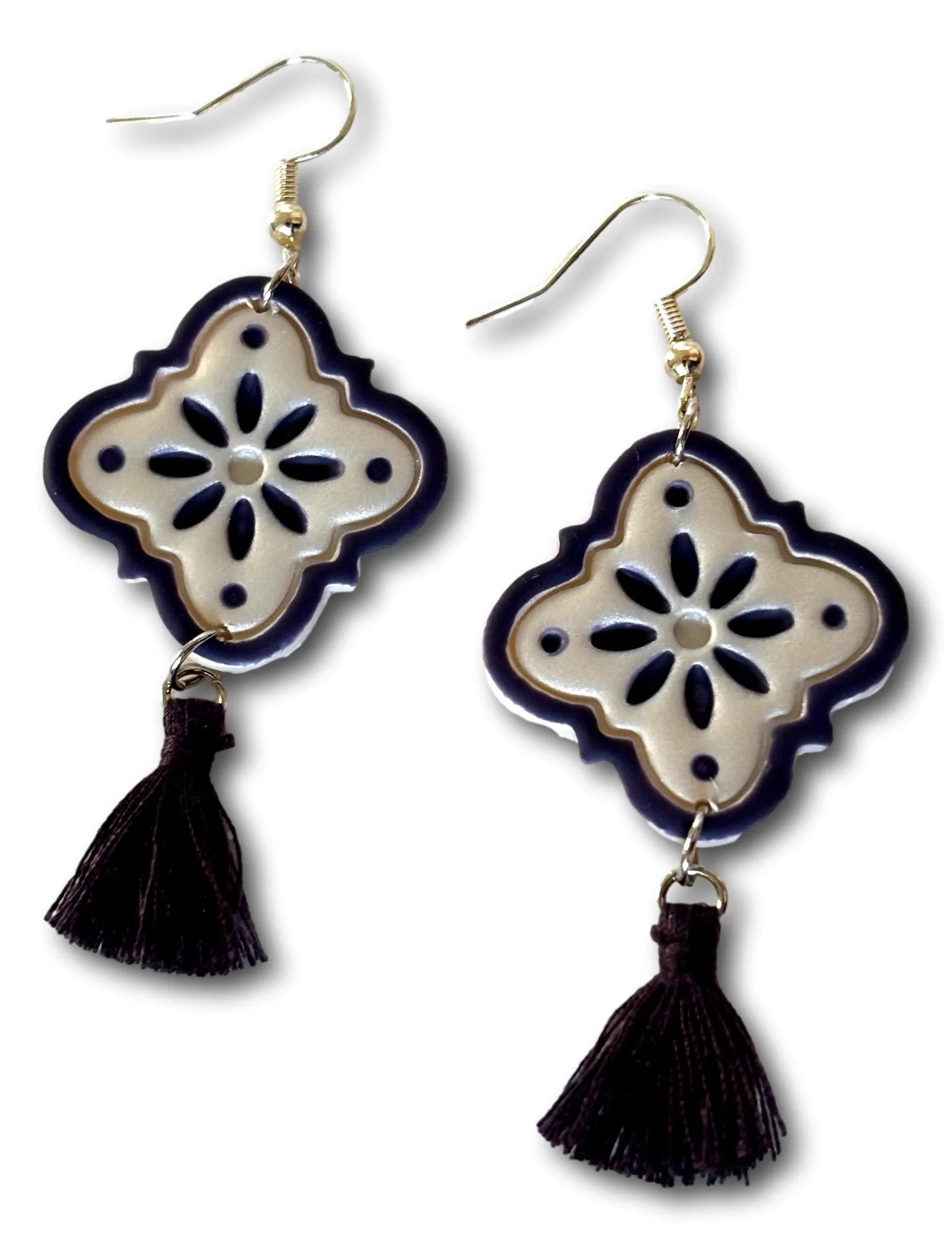 Talavera Style Polymer Clay Dangle Earrings with Tassels – 2"x1" with 18k Gold or Silver Hooks - Ysleta Mission Gift Shop