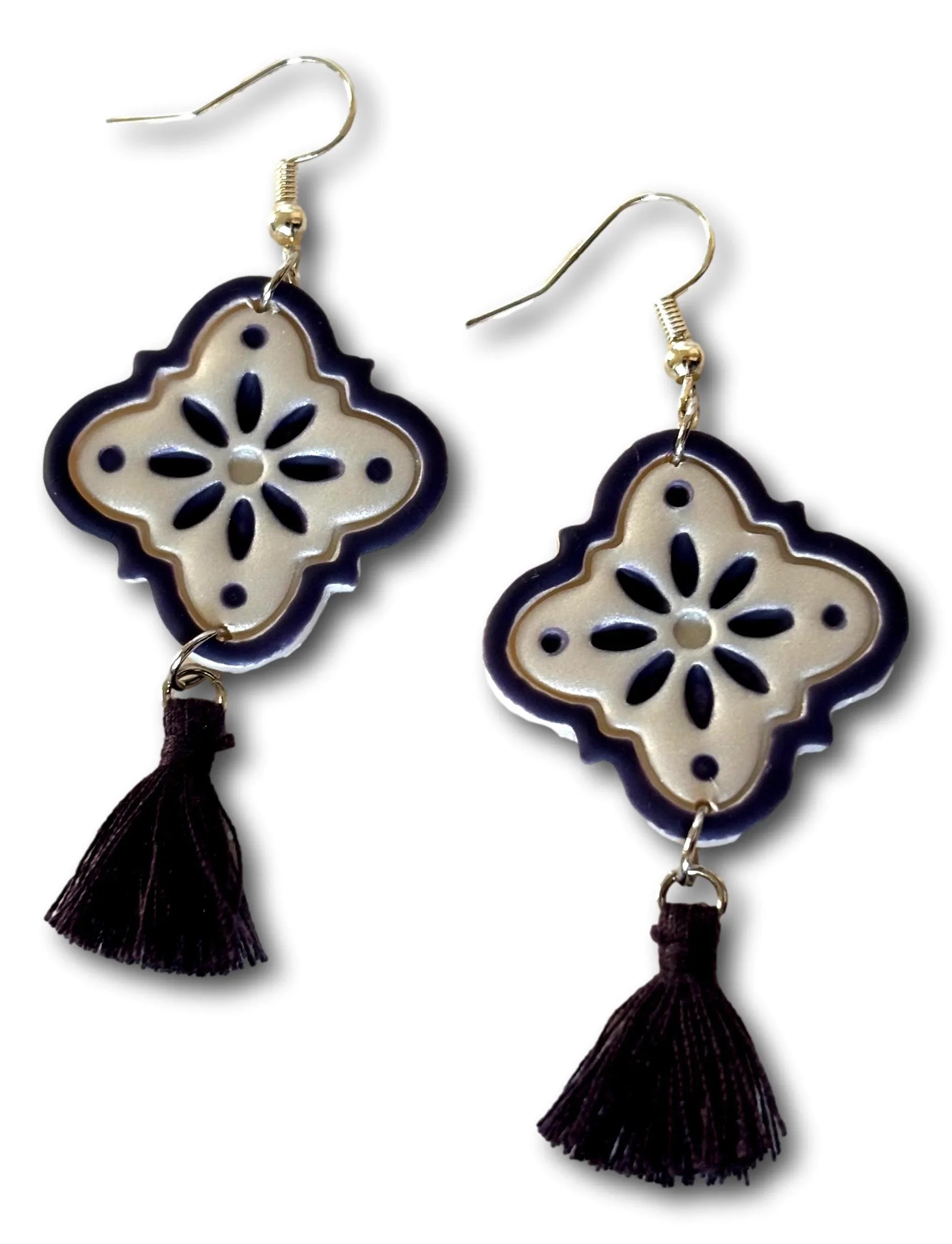 Talavera Style Polymer Clay Dangle Earrings with Tassels – 2"x1" with 18k Gold or Silver Hooks - Ysleta Mission Gift Shop