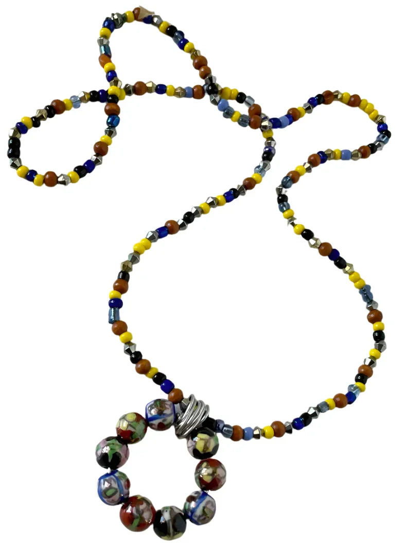 Yellow, Black, Blue, and Pecan Glass Seed Bead Necklace on Silver Wire, 24-Inch - Ysleta Mission Gift Shop