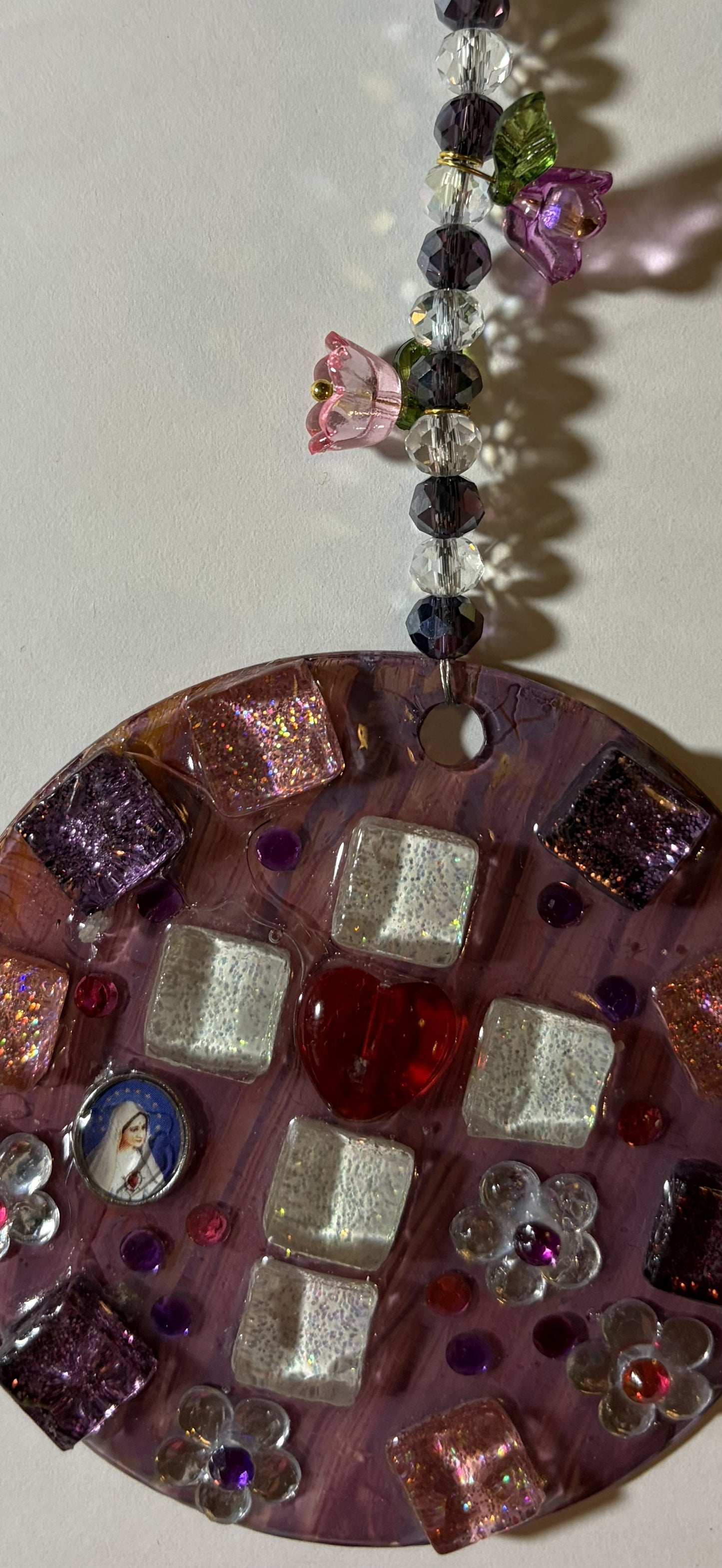 Saint Mary Cross Heart Mosaic Suncatcher, 3-inch decorative ornament with colorful stained glass design by Sylvia Leroux.
