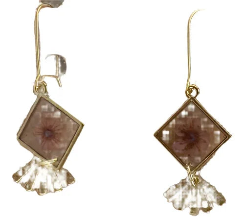 Resin Flower Earrings – Brass Mini Fan Pendant with 18K Gold Plated Hooks - Ysleta Mission Gift Shop