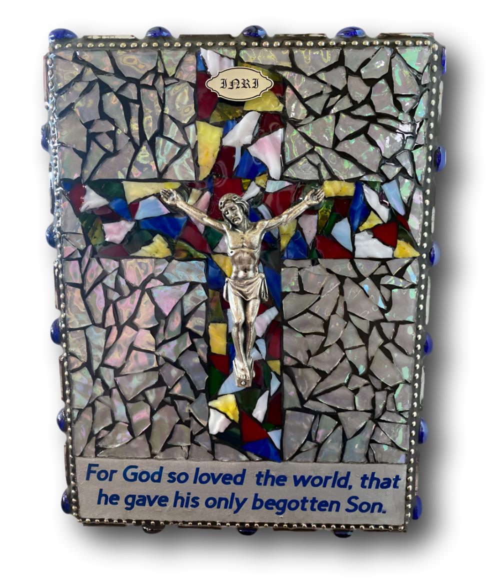 Iridized Glass Crucifix Wall Art – 12x9 in Handcrafted Jesus Cross from El Paso