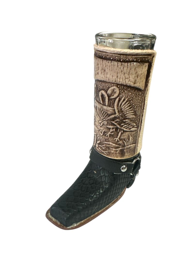 Handcrafted Real Leather Boot Shot Glass | Assorted Styles – 6" Removable Glass Insert - Ysleta Mission Gift Shop