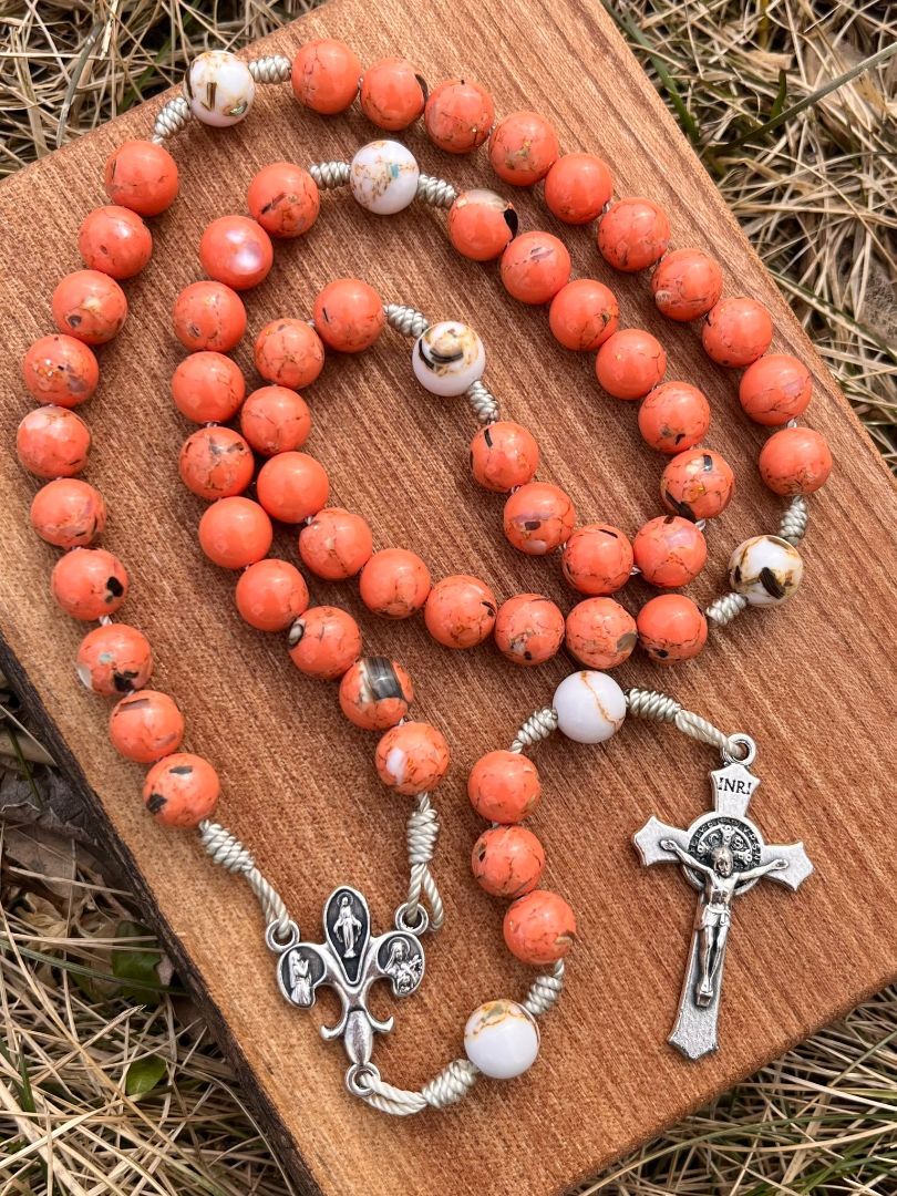 Jasper and Seashell Bead Rosary with Fleur de Lis Centerpiece and Saint Benedict Crucifix