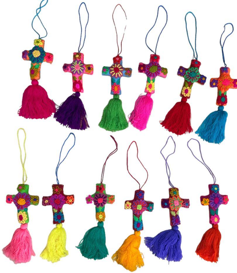 Handcrafted Mexican Embroidered Cross Charm Versatile Artisan Accessory from Mexico