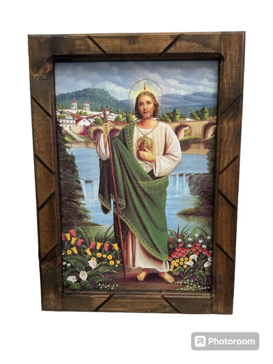 Saint Jude Religious Print with Wood Frame – Inspirational Accent Wall Art 13 x 17.5 Inches - Ysleta Mission Gift Shop