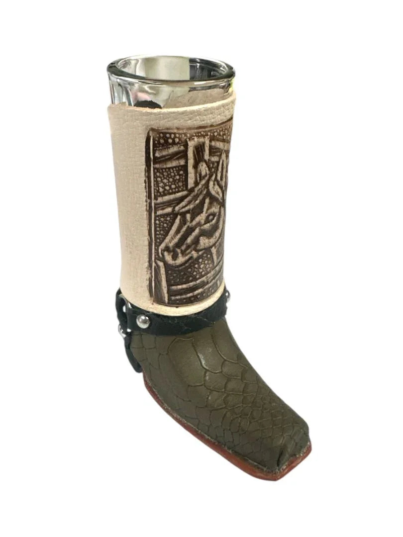Handcrafted Real Leather Boot Shot Glass | Assorted Styles – 6" Removable Glass Insert - Ysleta Mission Gift Shop