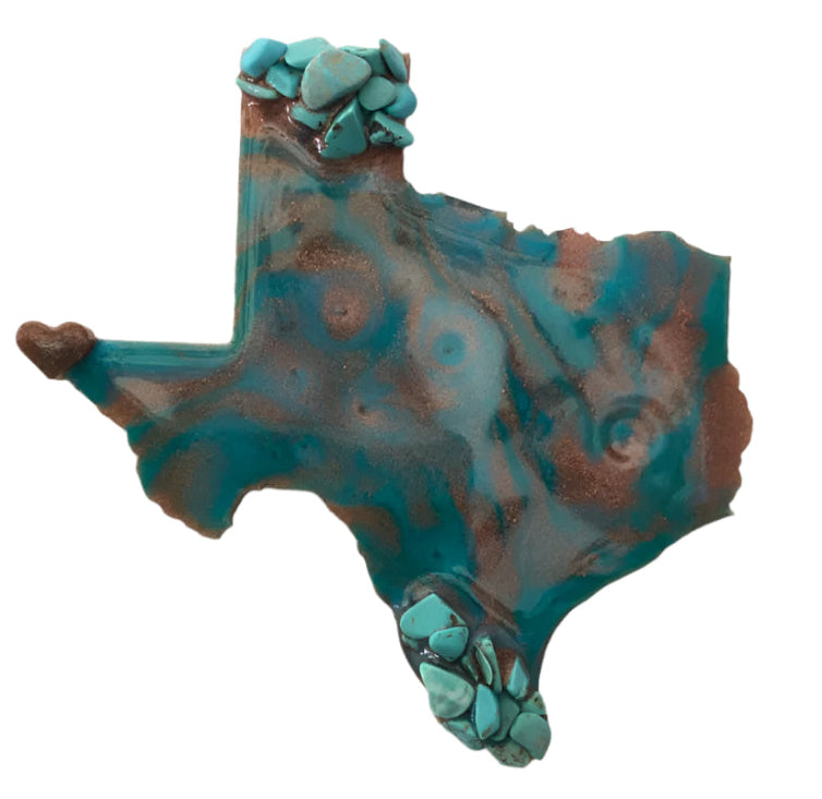 Magnet Resin Texas Shape 4"x4"Turquoise Stones & Brown Tones Design