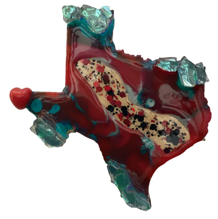 Magnet Resin Wood Texas Shape 4"x4"-Turquoise and Red Tones Glass Stones & Heart Design - Ysleta Mission Gift Shop