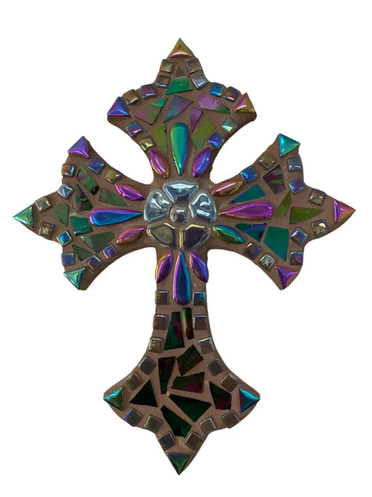 Small Mosaic Cross on Wood – 9½x7½" in Fluorescent Colors - Ysleta Mission Gift Shop