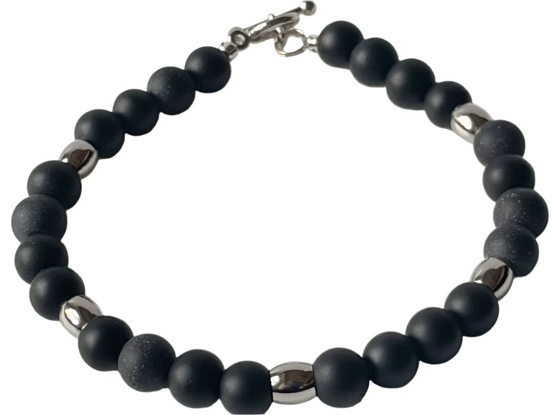Men’s 8" Beaded Bracelet – Black Stone Beads with Silver Oval Spacer Beads and Toggle Clasp