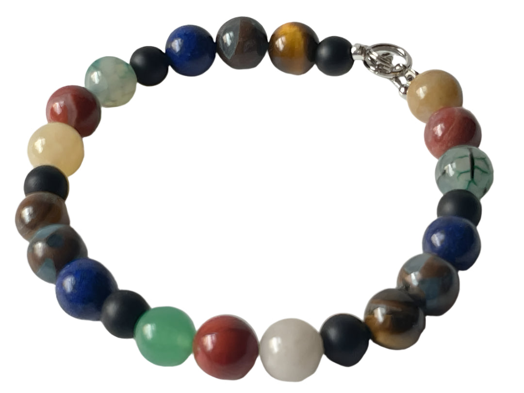 Men’s 8" Beaded Bracelet – Multi-Colored Stones with Black Bead Separators and Toggle Clasp