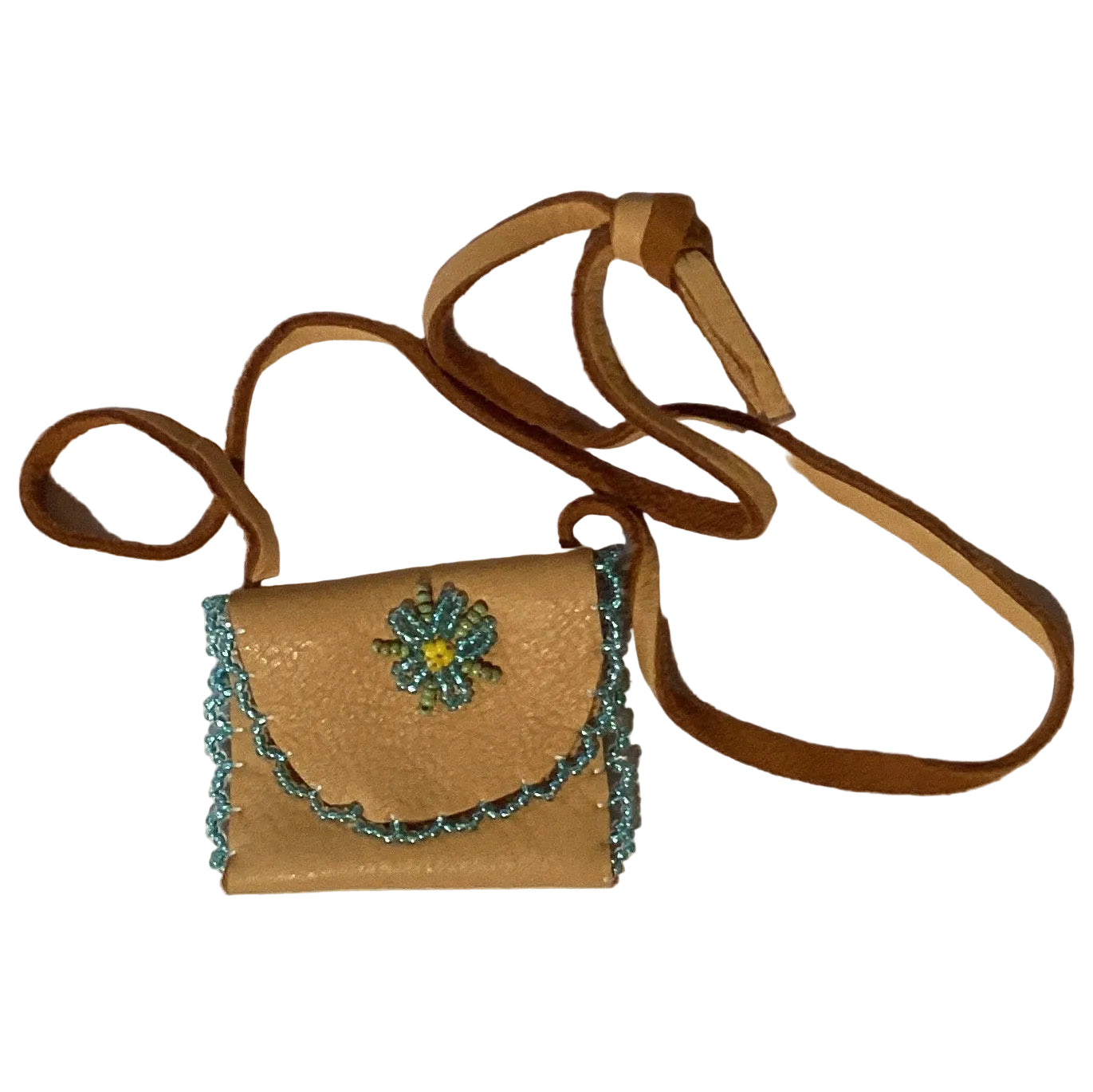 Mini tan leather coin purse for children with beaded flower and seed bead accents, featuring turquoise bead trim and leather cord.